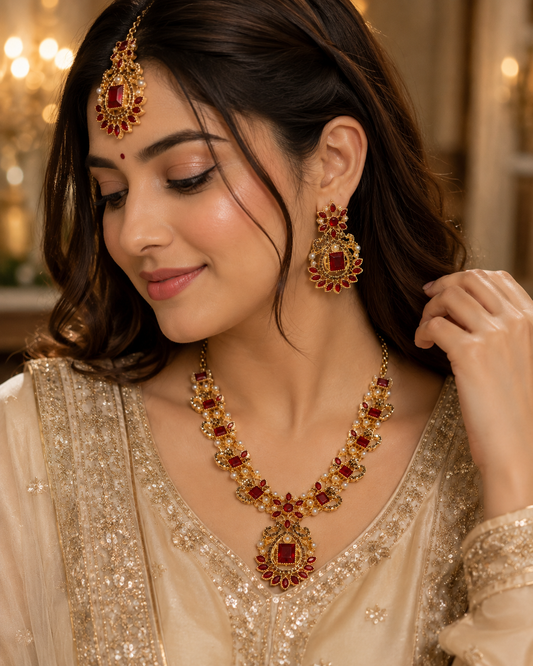 Royal Ruby & Pearl Bridal Jewelry Set