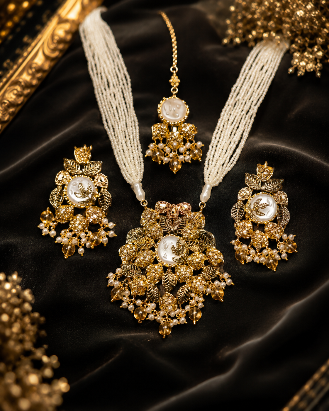 Elegant Pearl & Gold Floral Jewelry Set
