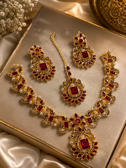 Royal Ruby & Pearl Bridal Jewelry Set