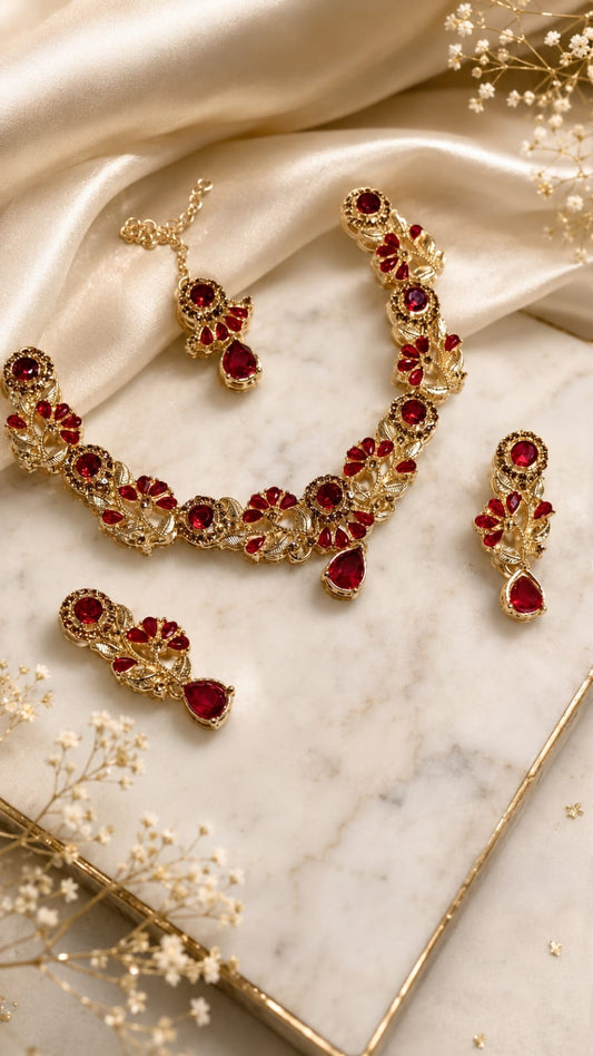 Ruby Floral Gold Jewelry Set