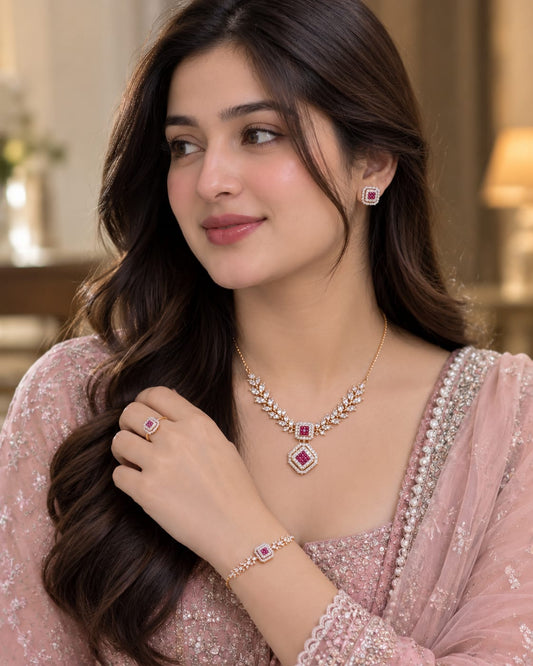 Pink Ruby & Crystal 4-Piece Jewelry Set