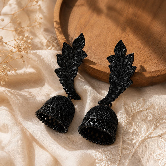 🖤 Elegant Black Leaf Jhumka Earrings