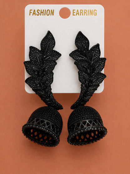 🖤 Elegant Black Leaf Jhumka Earrings