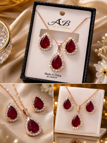 Ladies Gold Plated Red Set  A pair of Beautiful Earrings  1 Necklace