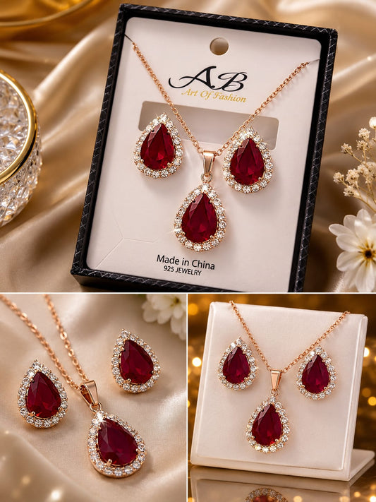 Ladies Gold Plated Red Set  A pair of Beautiful Earrings  1 Necklace