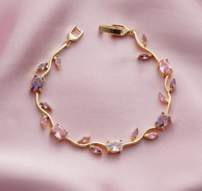 Gold Tone Tulip Crystal Bracelet with Floral Vine Design