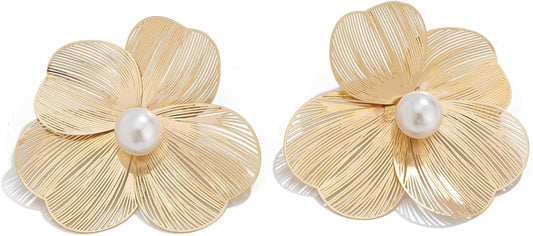Camellia Pearl Stud Earrings with Hollow Flower Design