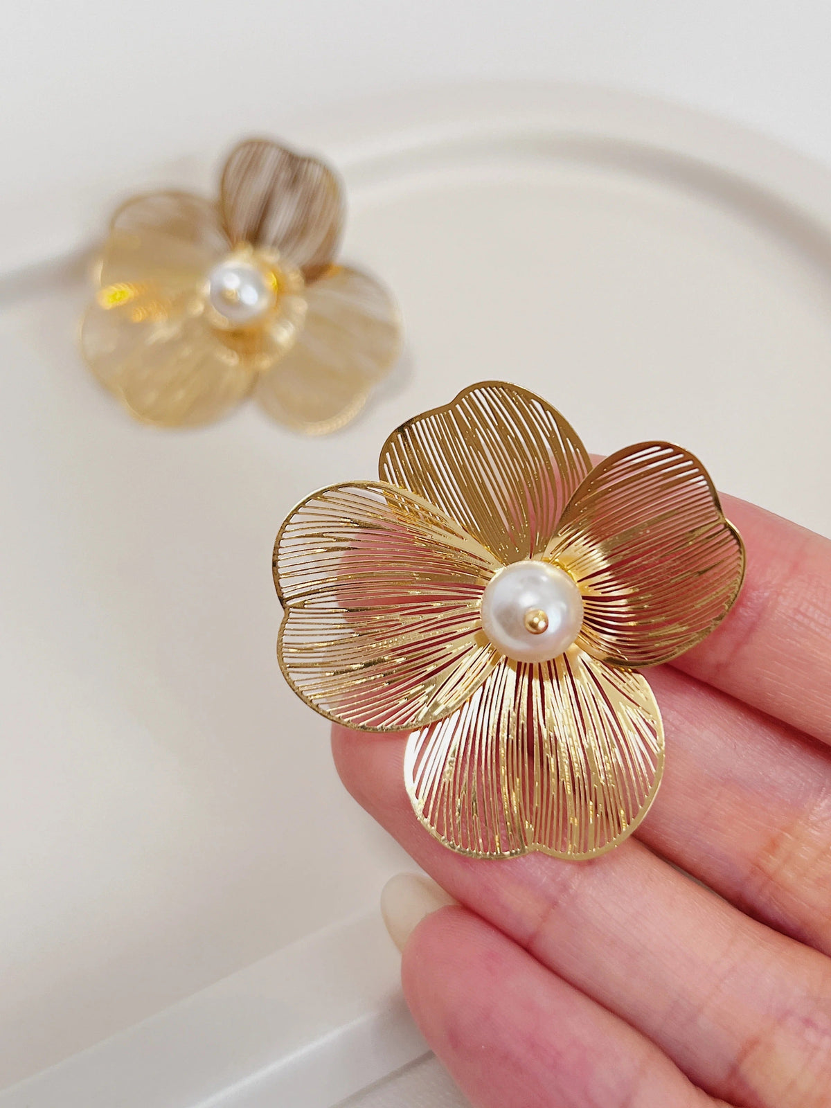 Camellia Pearl Stud Earrings with Hollow Flower Design