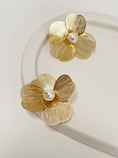 Camellia Pearl Stud Earrings with Hollow Flower Design