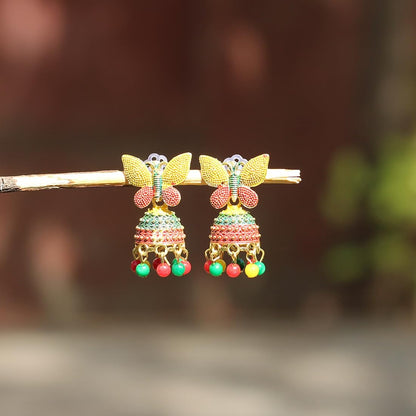 Butterfly Jhumka Earrings, Multicoloured Beaded Bells with Colourful Indian Style